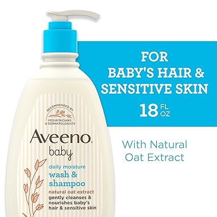 Aveeno Baby Daily Moisture Gentle Body Wash & Shampoo with Oat Extract, 2-in-1 Baby Bath Wash & Hair Shampoo, Tear- & Paraben-Free for Hair & Sensitive Skin, Lightly Scented, 18 fl. oz