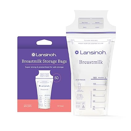 Lansinoh Breastmilk Storage Bags, 50 Count with 2 Pump Adapters, Baby Essentials, Fast Freeze & Thaw Breast Milk Bags for Baby Bottle Feeding, Superior Strength & Stretch, 6 Ounce
